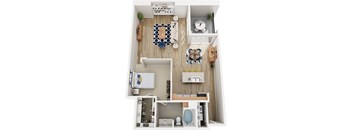 A top-down view of a small apartment with a kitchen, living room, and bathroom.