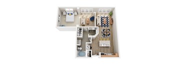A top-down view of a small apartment with a bedroom, living room, kitchen, and bathroom.