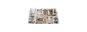 A top-down view of a small apartment with a kitchen, living room, and bedrooms.