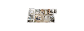 A 3D floor plan of a house showing a kitchen, living room, dining room, and bedrooms.