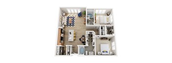 A top-down view of a small apartment with a kitchen, living room, and bathroom.