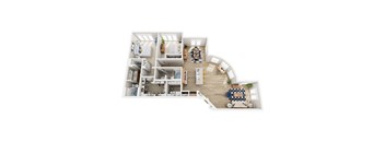 A top-down view of a modern apartment layout with a kitchen, living room, and bedrooms.