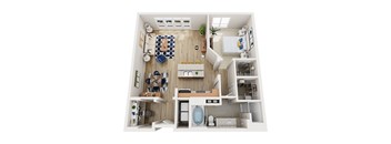 A top-down view of a small apartment with a kitchen, living room, and bathroom..