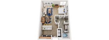 A top-down view of a modern apartment with a kitchen, living room, and bathroom.