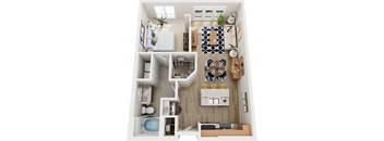 A top-down view of a small apartment with a kitchen, living room, and bathroom.