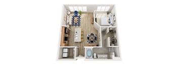 A top-down view of a small apartment with a kitchen, living room, and bathroom.