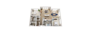 A top-down view of a modern apartment with a kitchen, living room, and dining area.