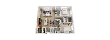 A top-down view of a small apartment with a kitchen, living room, and bathroom.