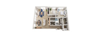 A top-down view of a modern, well-organized apartment with a kitchen, living room, and bedroom.