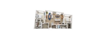 A top-down view of a modern apartment layout with a kitchen, living room, and bathroom.