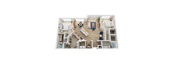 A top-down view of a well-organized apartment with a kitchen, living room, and bedrooms.