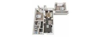A 3D floor plan of a house with a kitchen, living room, and bathroom.
