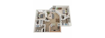 A 3D floor plan of a house with a kitchen, living room, and bedrooms.