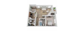 A 3D floor plan of a small apartment with a kitchen, living room, and bathroom.