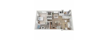 A top-down view of a small apartment with a kitchen, living room, and bathroom.
