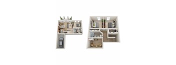 A floor plan of a two-bedroom apartment with a garage.