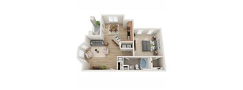 A 3D floor plan of a house with a living room, kitchen, dining room, and bathrooms.