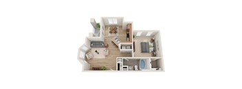 A top-down view of a two-story house with a living room, kitchen, dining room, and bathroom.