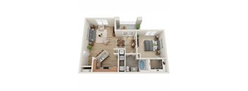 A 3D floor plan of a house showing a living room, kitchen, dining area, and bathrooms.