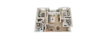 A 3D floor plan of a two-bedroom apartment with a living room, kitchen, and bathroom.