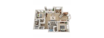A 3D floor plan of a house with a kitchen, living room, dining room, and bathroom.