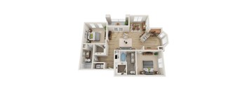 A 3D floor plan of a small apartment with two bedrooms, a living room, a kitchen, and a bathroom.