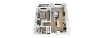 A floor plan of a small apartment with a kitchen, living room, and bathroom.