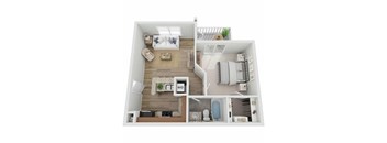 A floor plan of a small apartment with a living room, kitchen, and bathroom.