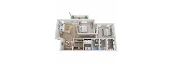 A top-down view of a small, neatly organized apartment with a kitchen, living room, and bedrooms.