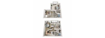 A floor plan of a two-story apartment with a living room, kitchen, and bathroom on the first floor, and a bedroom with a bathroom on the second floor.