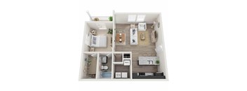 A top-down view of a small apartment with a kitchen, living room, and bathroom.