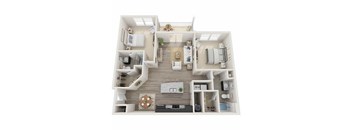 A top-down view of a small apartment with a kitchen, living room, and bedroom.