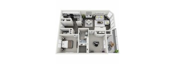 A top-down view of a two-bedroom apartment with a living room, kitchen, and bathroom.