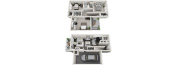 A 3D floor plan of a house with a kitchen, living room, bedrooms, and a garage.