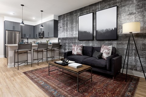 A living room with a black couch and a rug.