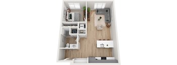 A top down view of a small apartment with a kitchen, living room, and bathroom.