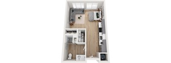A top down view of a small apartment with a bed, a couch, a toilet, a sink, and a refrigerator.