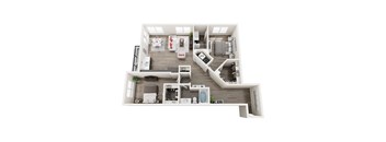A 3D floor plan of a house with labeled rooms.