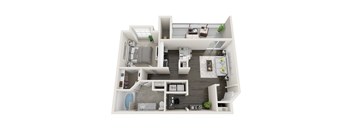 A 3D floor plan of a small apartment with a kitchen, living room, and bathroom.
