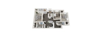 A 3D floor plan of a house with labeled rooms.