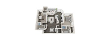 A top-down view of a two-story house with a kitchen, living room, dining room, and bedrooms.