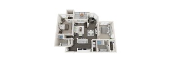 A 3D floor plan of a house with a kitchen, living room, dining room, and bathrooms.
