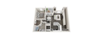 A 3D floor plan of a small apartment with a kitchen, living room, and bedroom.