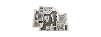 A top-down view of a two-story house with a kitchen, living room, dining room, and bedrooms.