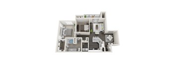 A 3D floor plan of a small apartment with a kitchen, living room, and bathroom.