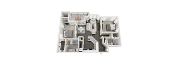 A 3D floor plan of a house with a living room, kitchen, dining room, and bedrooms.