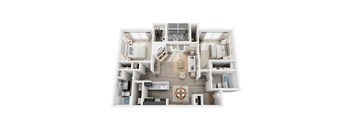 A top-down view of a modern, white-walled apartment with a kitchen, living room, and bathroom.