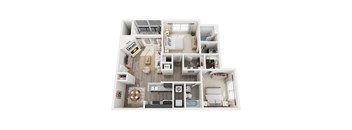 A top-down view of a small apartment with a kitchen, living room, and bathroom.