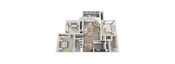 A 3D floor plan of a house with a kitchen, living room, and bedrooms.