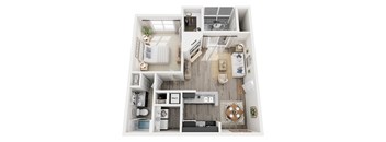 A top-down view of a small apartment with a bedroom, living room, kitchen, and bathroom.